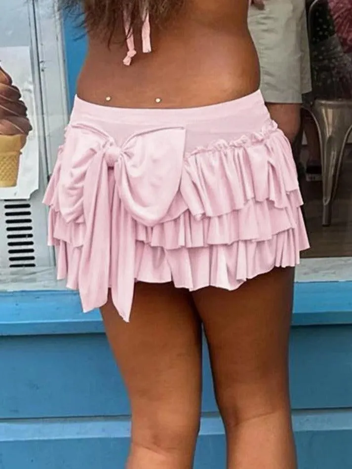 Solid Bow Splice Low Rise Tiered Mini Skirt