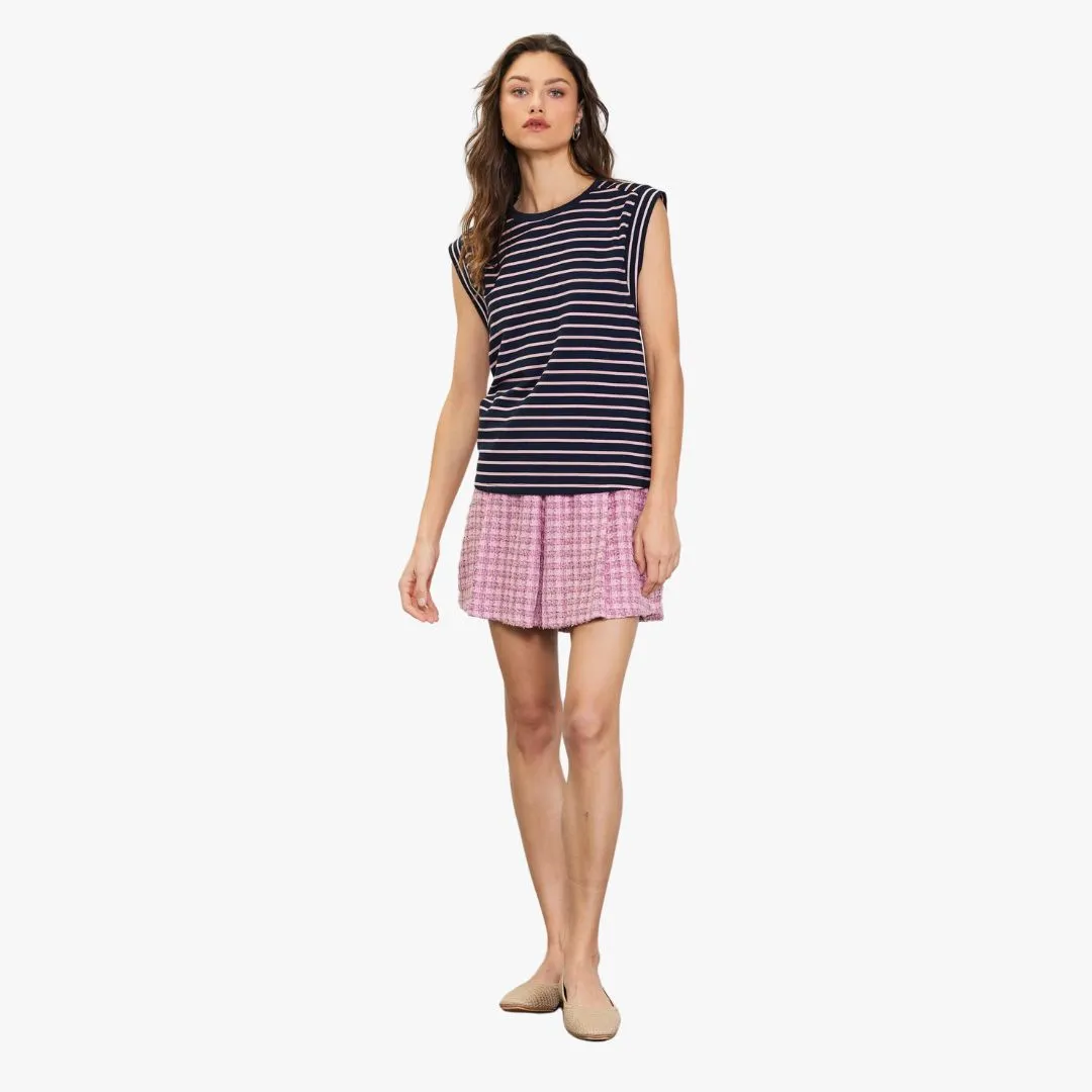Striped Sleeveless Rib Top (Navy   Pink)