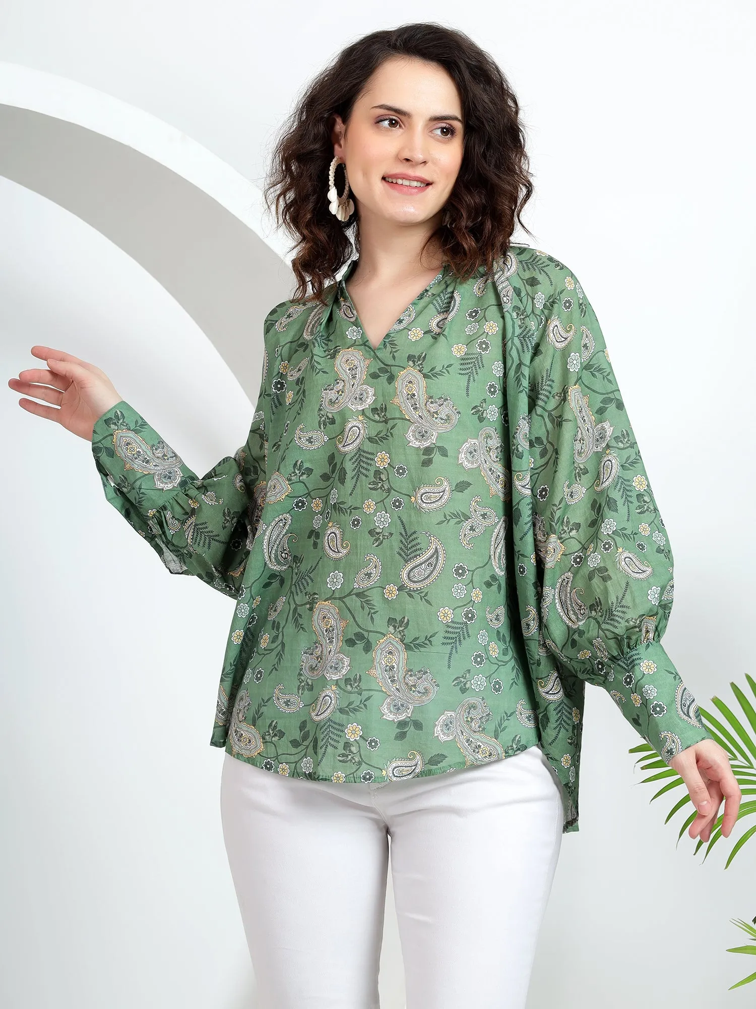 Stylish Women's Tops: Green Paisley Print with Cuff Sleeves