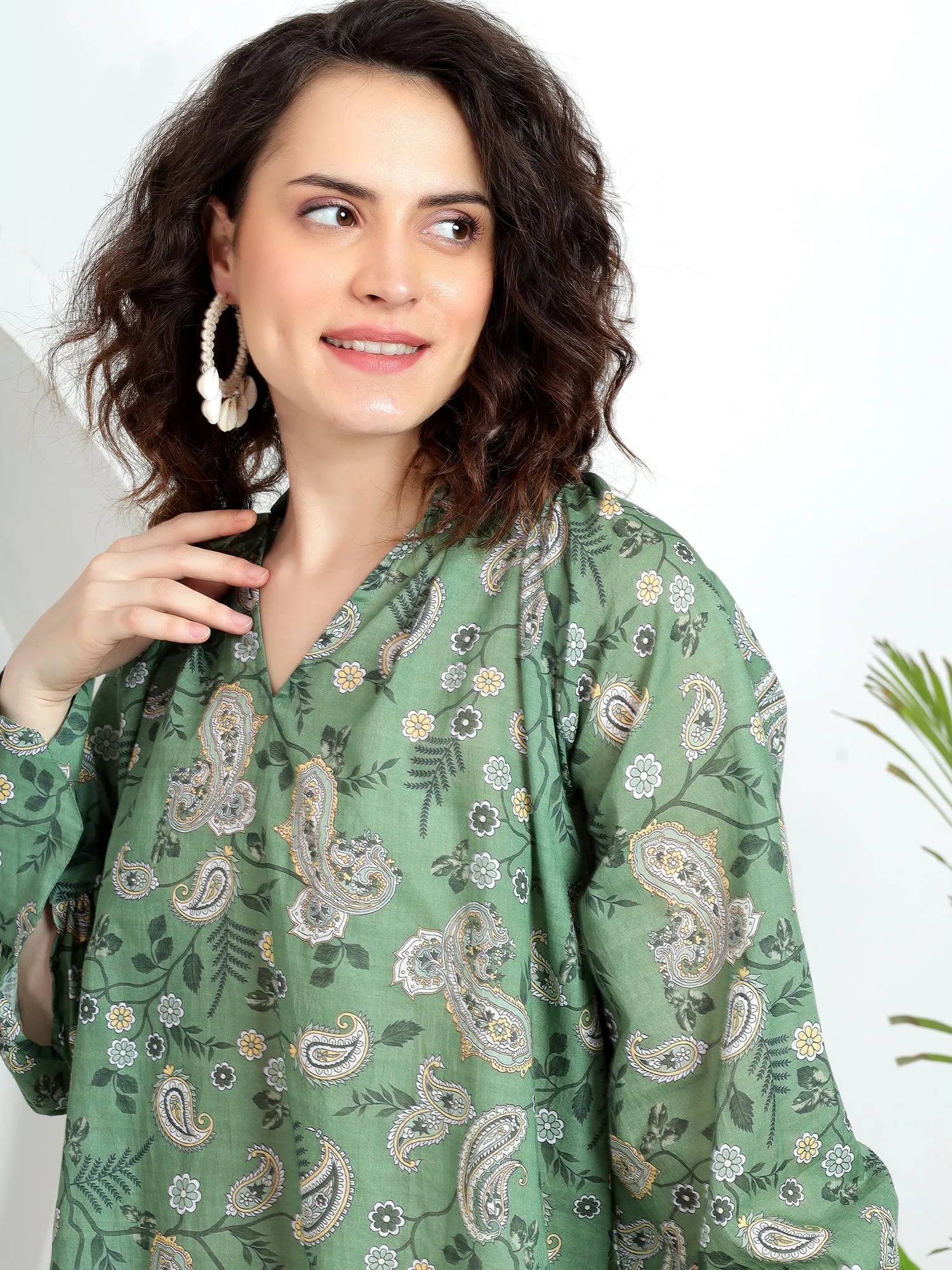 Stylish Women's Tops: Green Paisley Print with Cuff Sleeves
