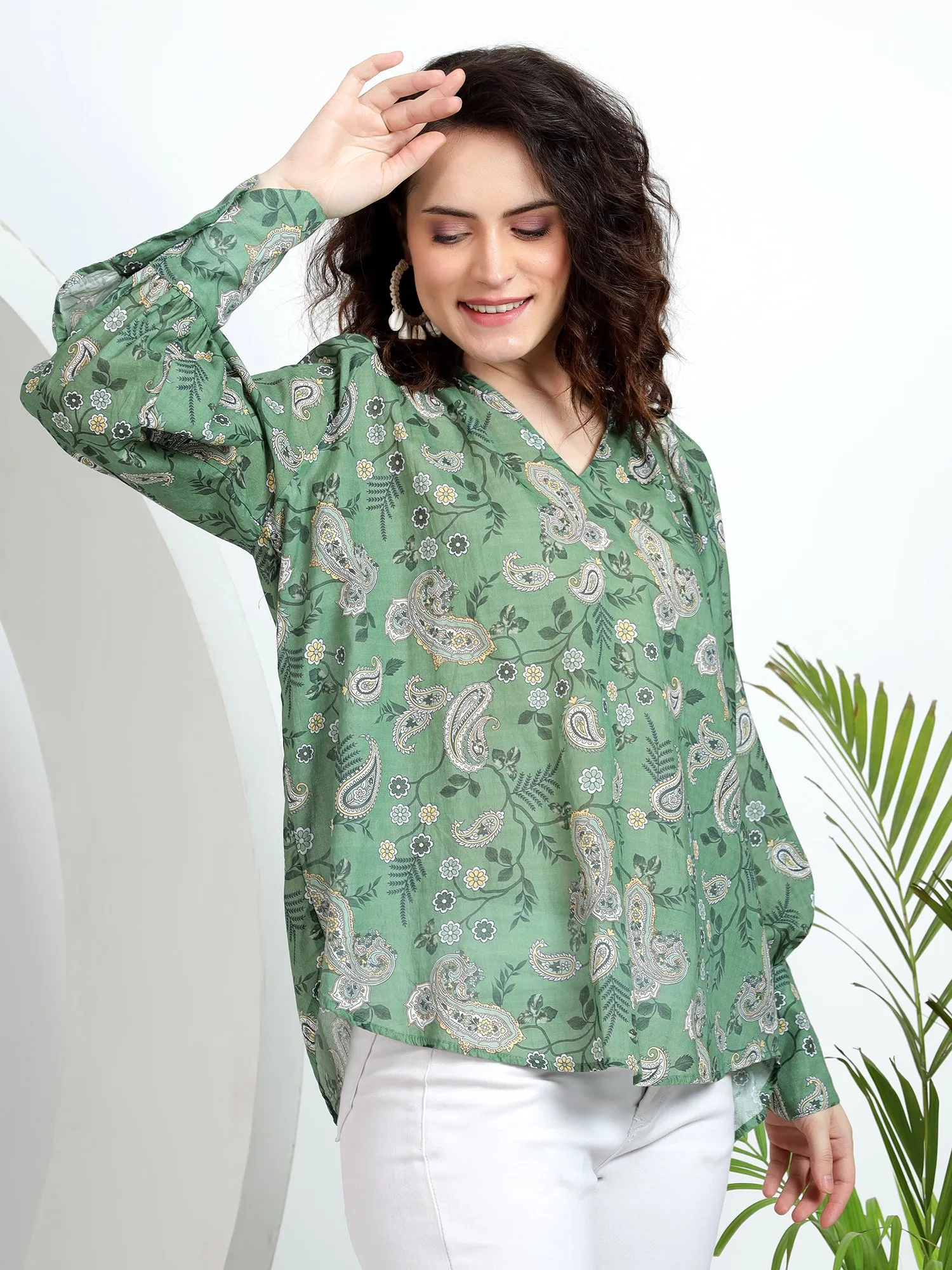 Stylish Women's Tops: Green Paisley Print with Cuff Sleeves