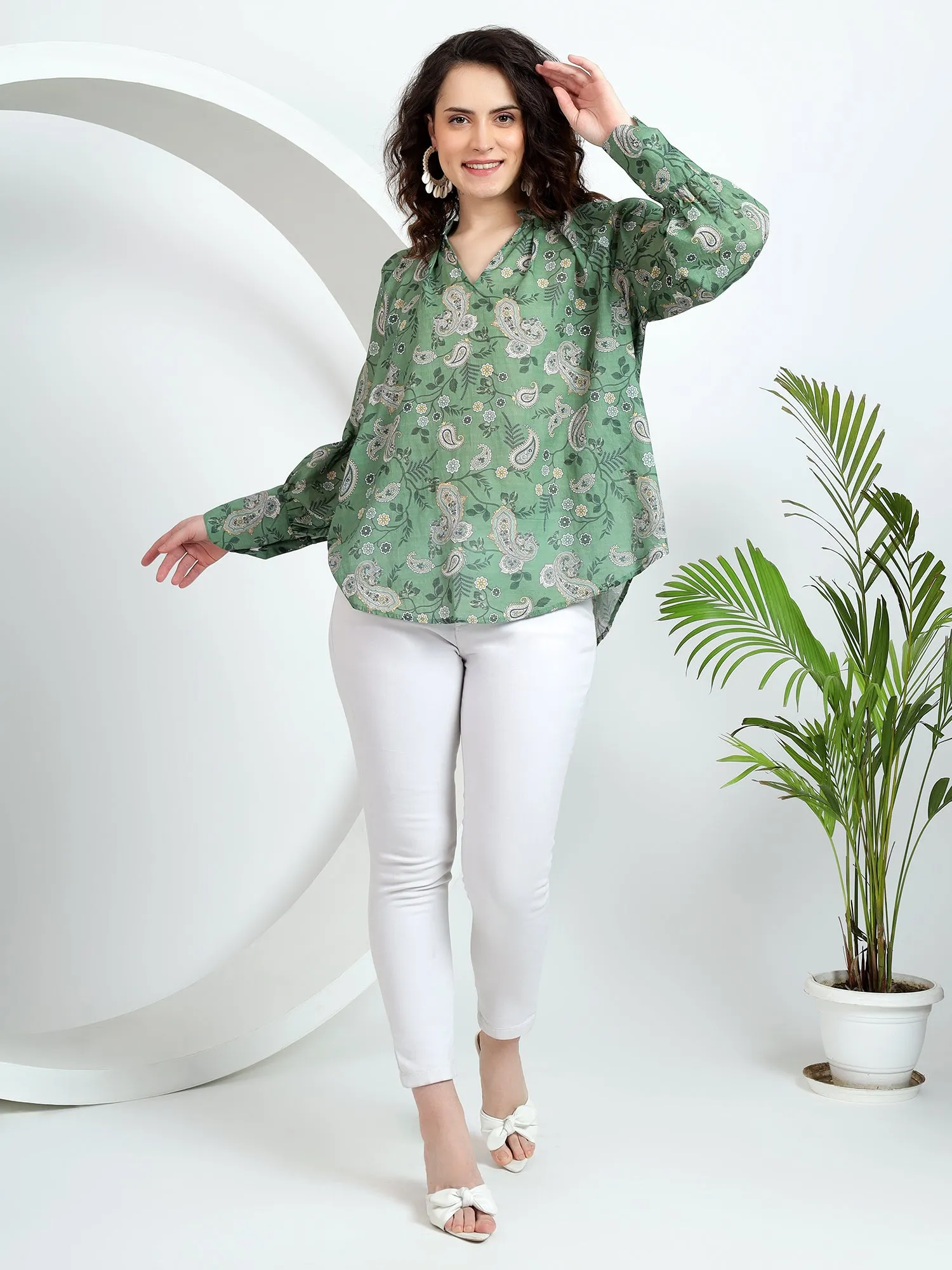 Stylish Women's Tops: Green Paisley Print with Cuff Sleeves