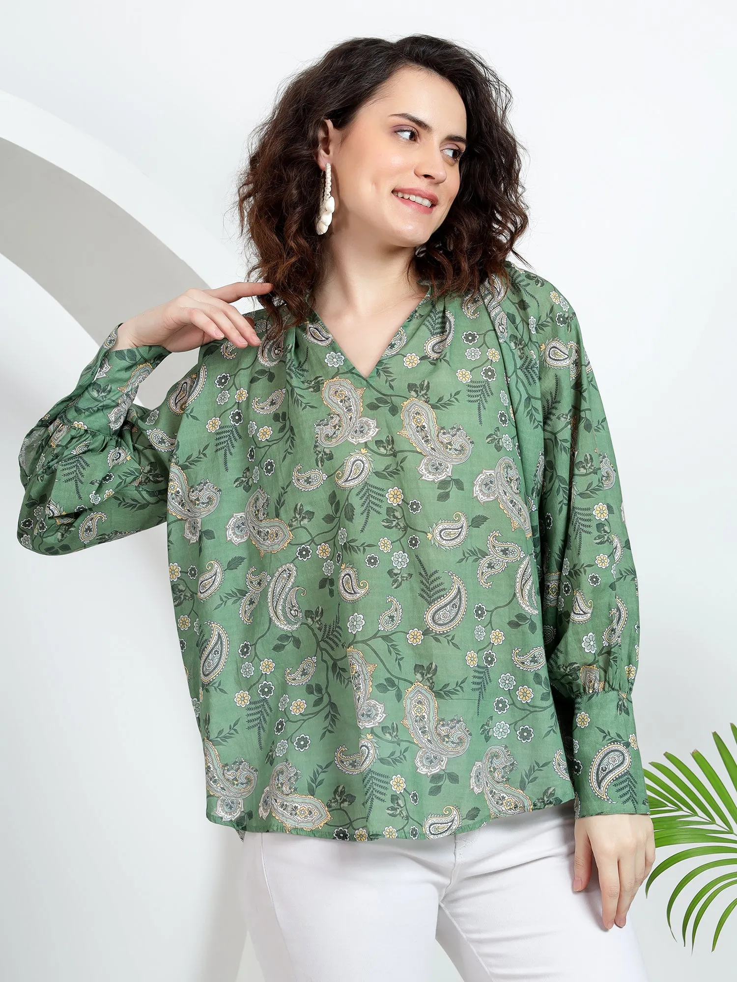 Stylish Women's Tops: Green Paisley Print with Cuff Sleeves