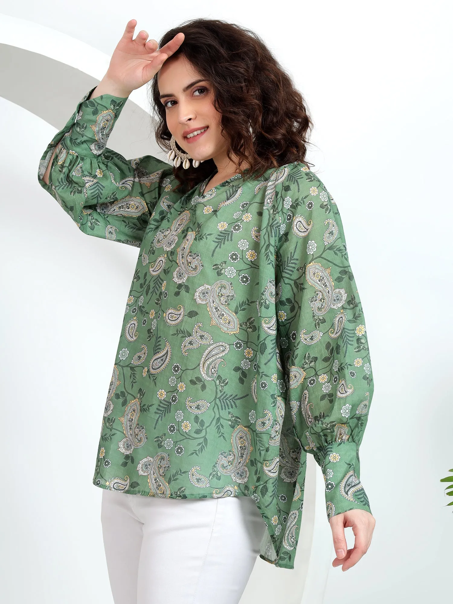 Stylish Women's Tops: Green Paisley Print with Cuff Sleeves