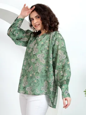 Stylish Women's Tops: Green Paisley Print with Cuff Sleeves