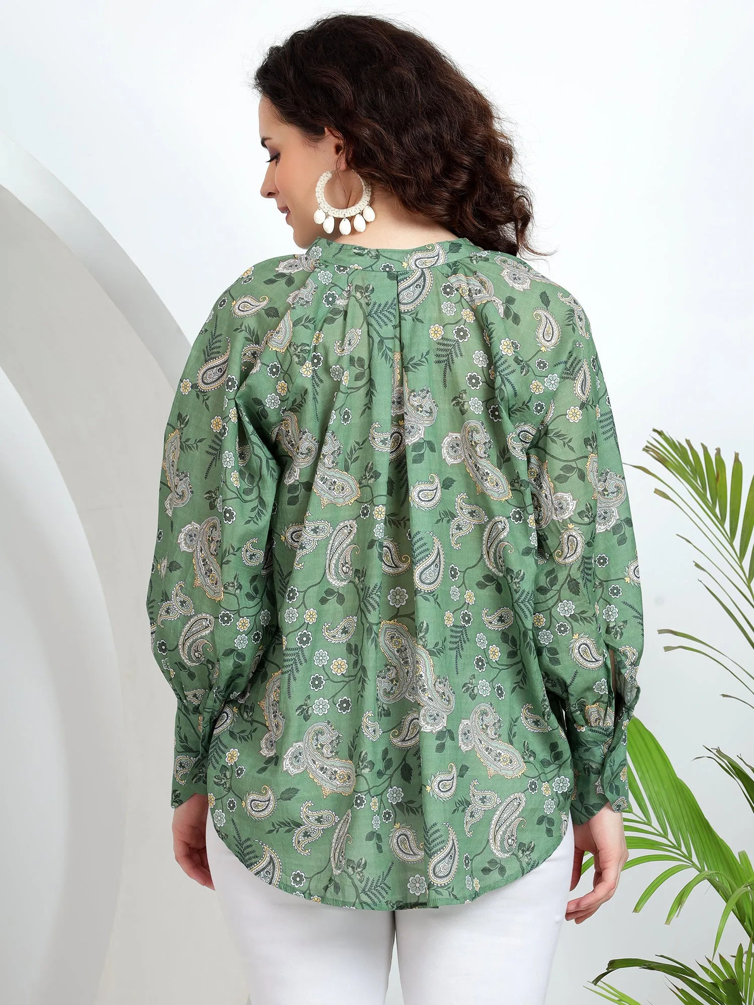 Stylish Women's Tops: Green Paisley Print with Cuff Sleeves