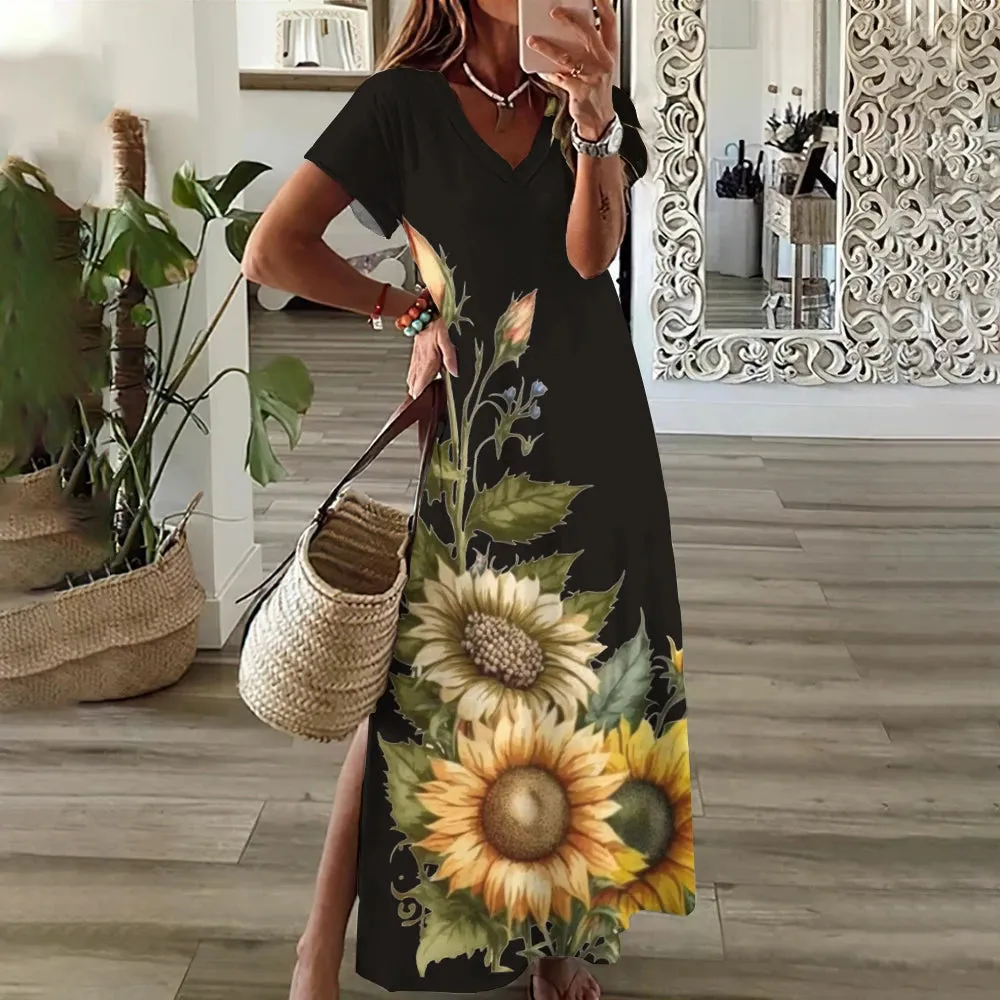 Sunflower Print Floral Graphic Dresses For Women's Plus Size Elegant Midi Dress