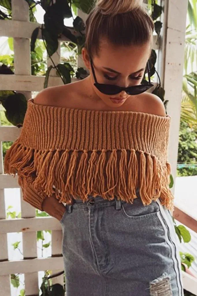 TastyHottie - Glamorous Tasseled Off-the-shoulder Long Sleeve Sweater Tops