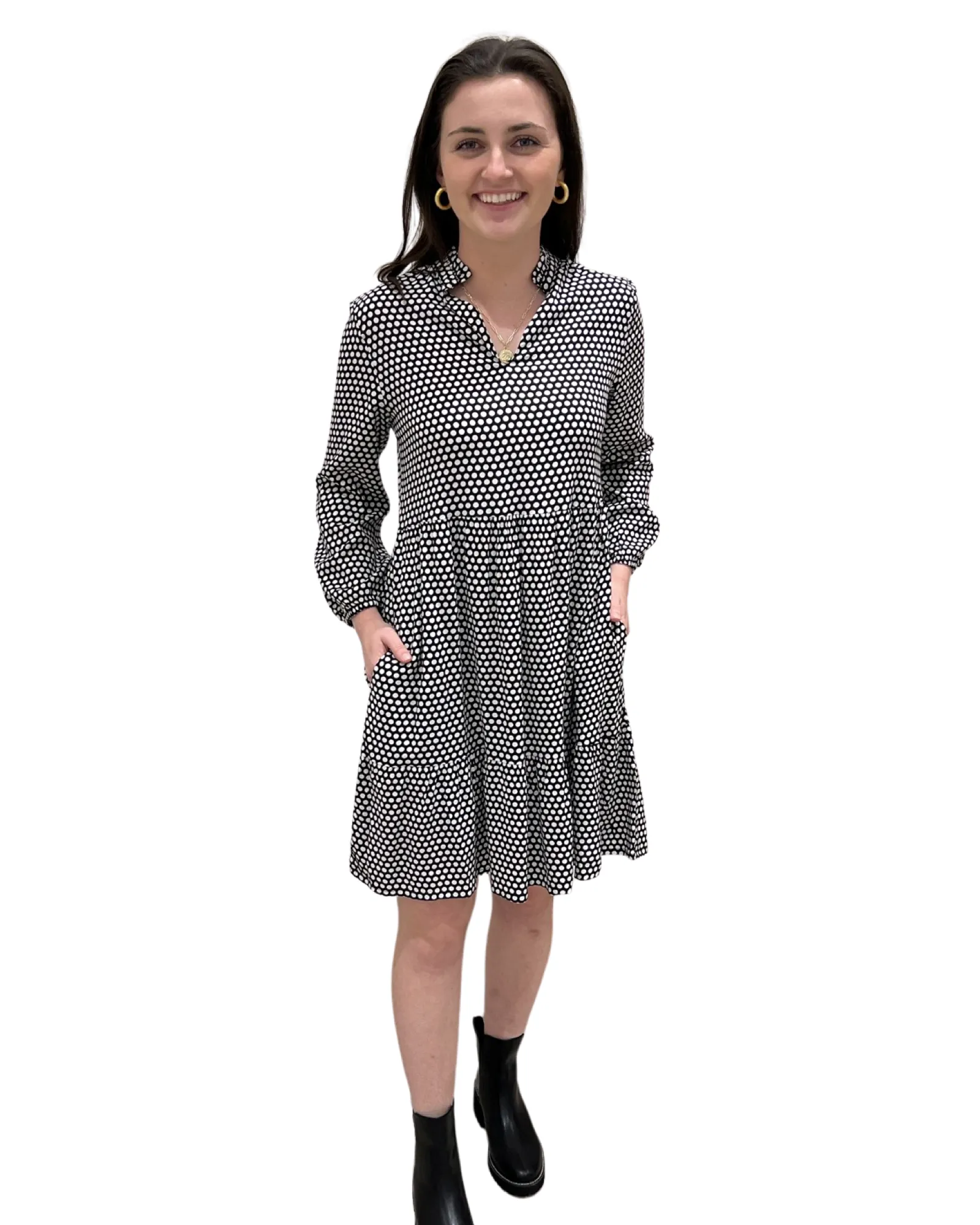 The Marnie Notch Neck Dress in Black and White Polka Dot