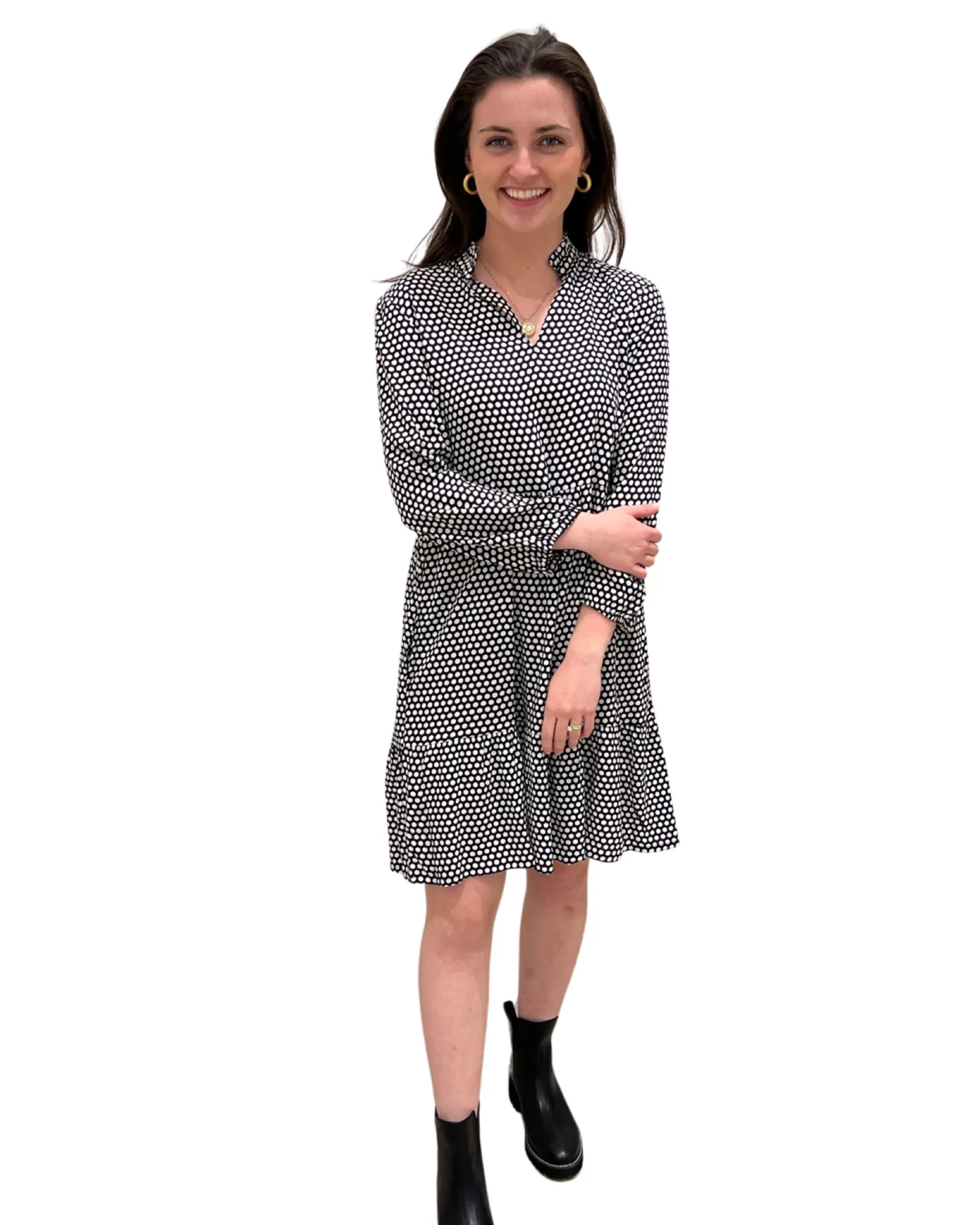 The Marnie Notch Neck Dress in Black and White Polka Dot