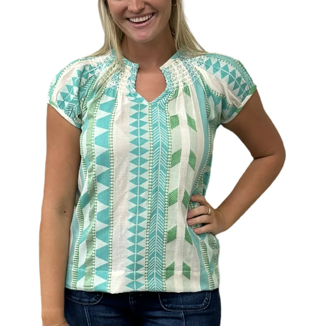 The Michelle Smock Neck Short Sleeve Top in Turquoise and Cream Jacquard