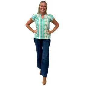 The Michelle Smock Neck Short Sleeve Top in Turquoise and Cream Jacquard