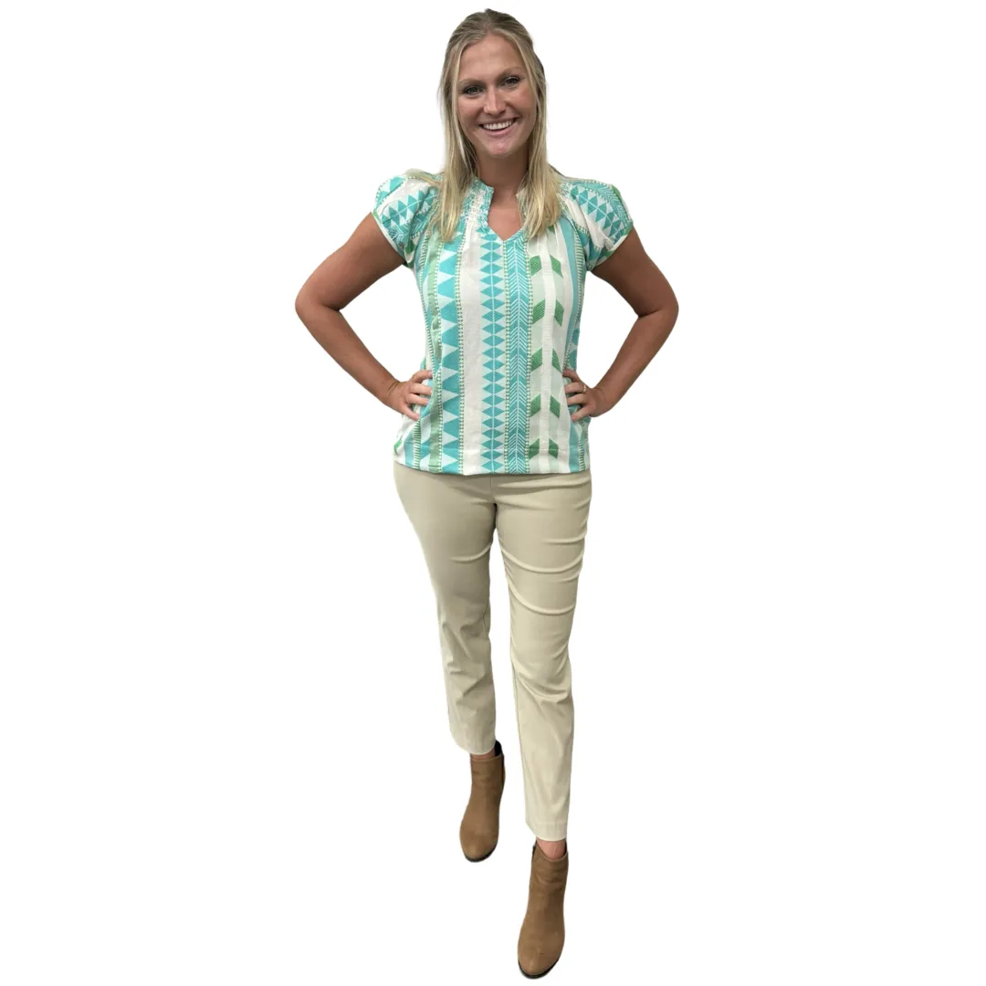 The Michelle Smock Neck Short Sleeve Top in Turquoise and Cream Jacquard