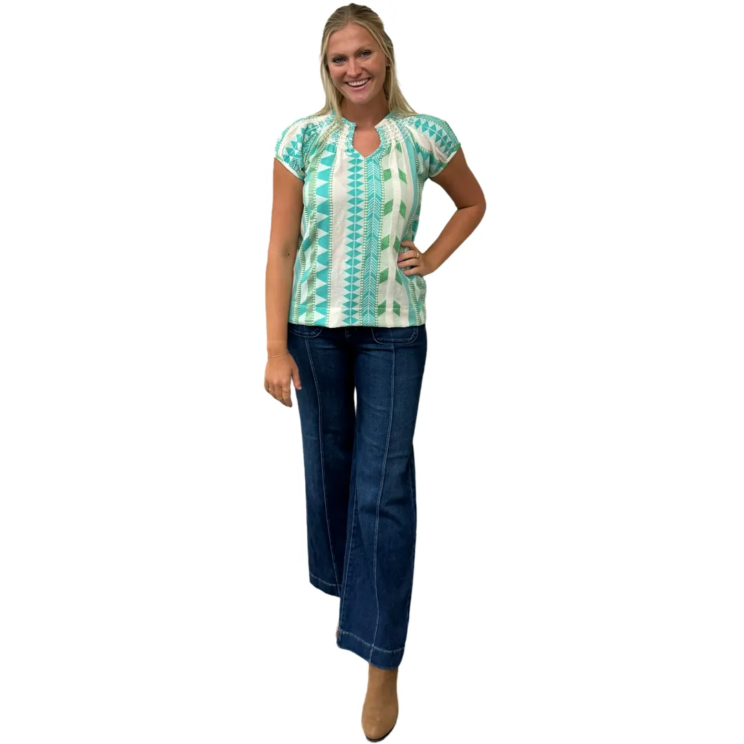 The Michelle Smock Neck Short Sleeve Top in Turquoise and Cream Jacquard