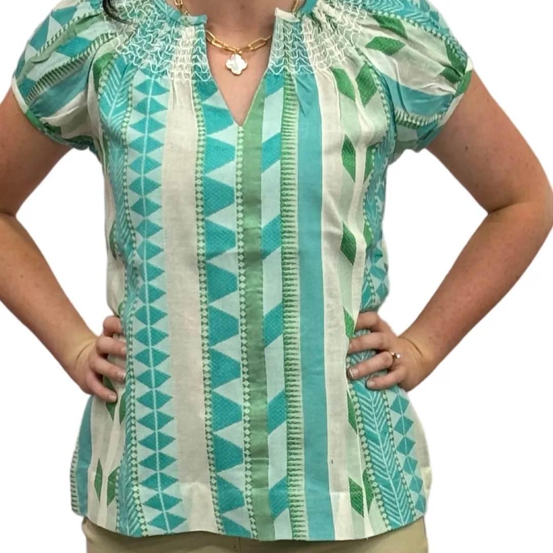 The Michelle Smock Neck Short Sleeve Top in Turquoise and Cream Jacquard
