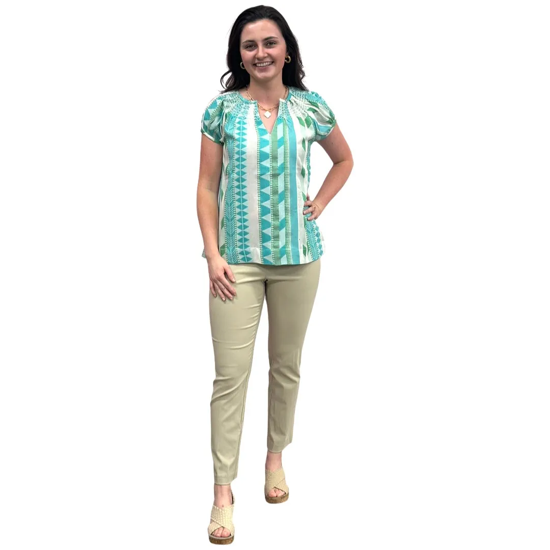 The Michelle Smock Neck Short Sleeve Top in Turquoise and Cream Jacquard