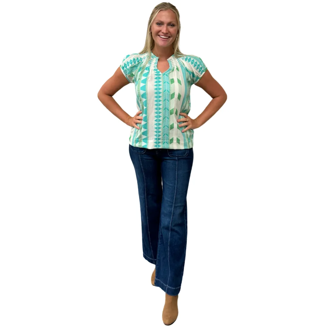 The Michelle Smock Neck Short Sleeve Top in Turquoise and Cream Jacquard