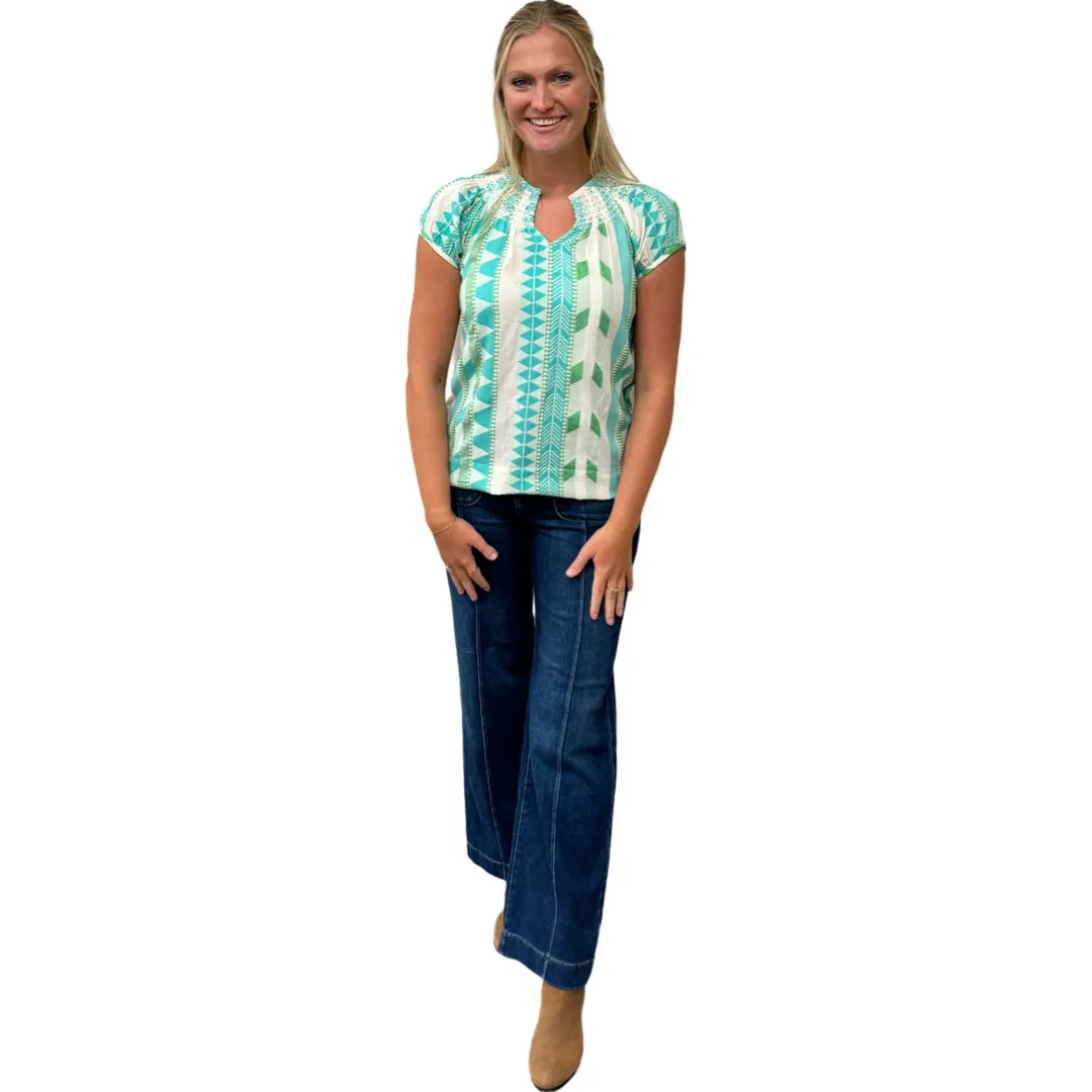 The Michelle Smock Neck Short Sleeve Top in Turquoise and Cream Jacquard