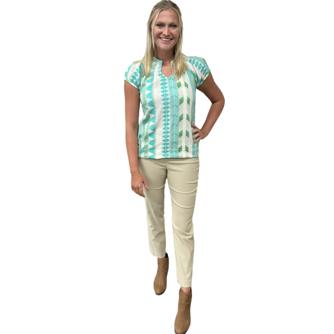 The Michelle Smock Neck Short Sleeve Top in Turquoise and Cream Jacquard