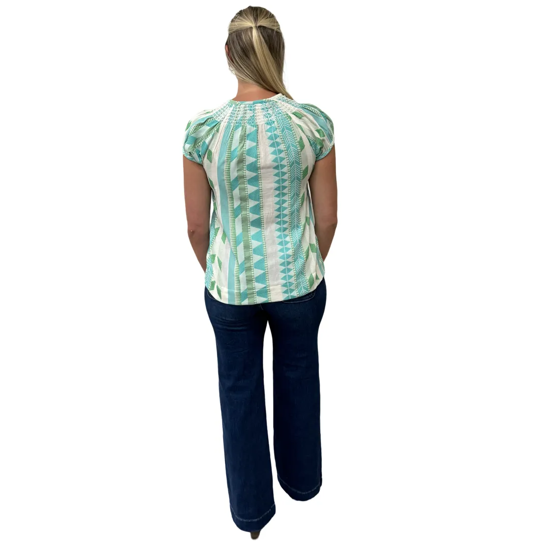 The Michelle Smock Neck Short Sleeve Top in Turquoise and Cream Jacquard