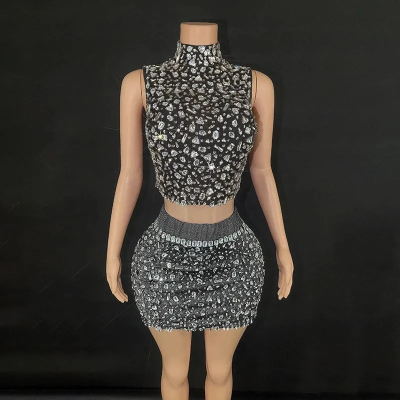 Trend4us Women's Glamorous Backless Crystal Dance Two-Piece Set