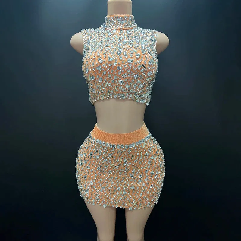 Trend4us Women's Glamorous Backless Crystal Dance Two-Piece Set