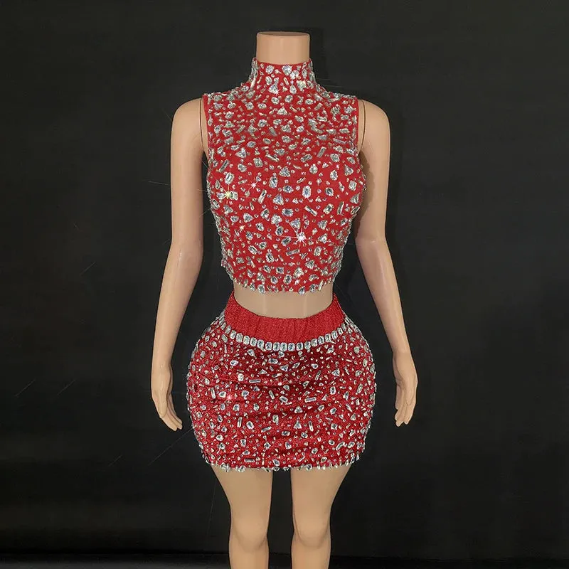 Trend4us Women's Glamorous Backless Crystal Dance Two-Piece Set
