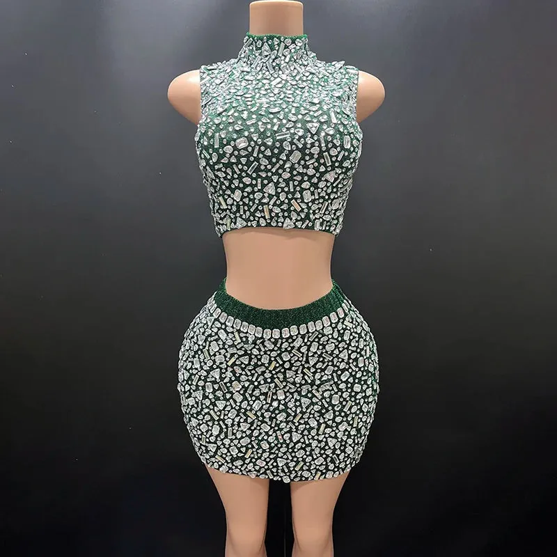 Trend4us Women's Glamorous Backless Crystal Dance Two-Piece Set