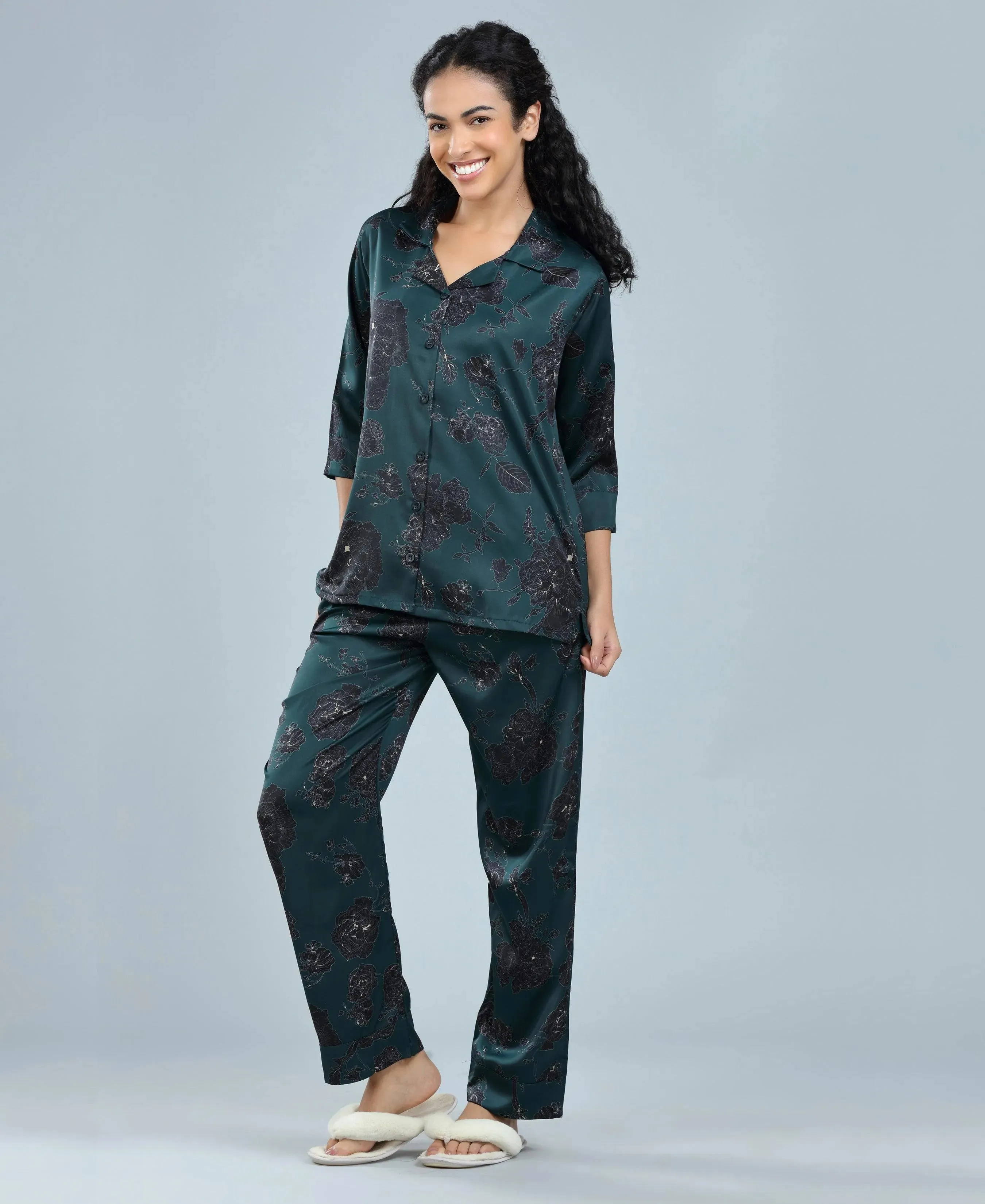 Velure Delightful Floral Satin Print Night Suit