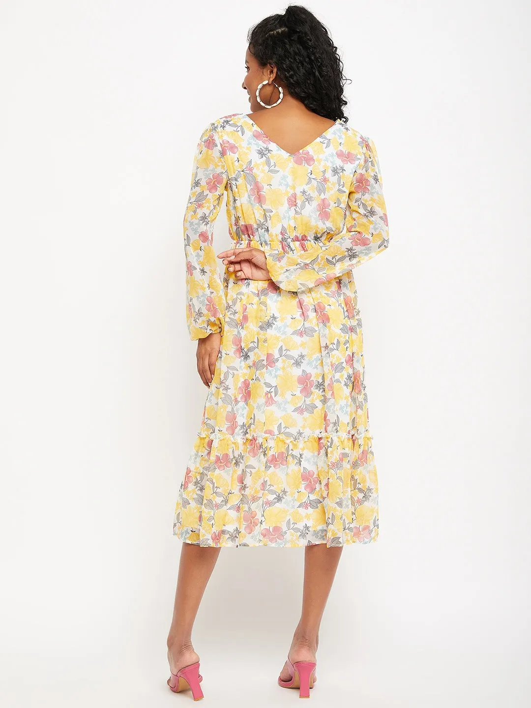 White & Yellow Floral Print Midi Dress