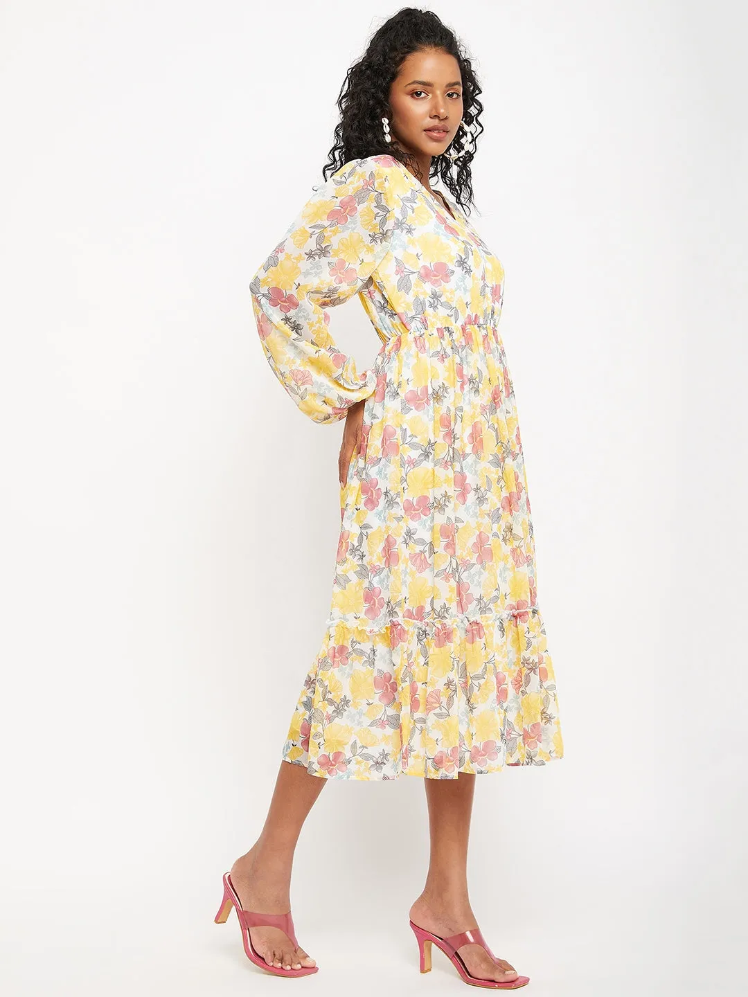 White & Yellow Floral Print Midi Dress