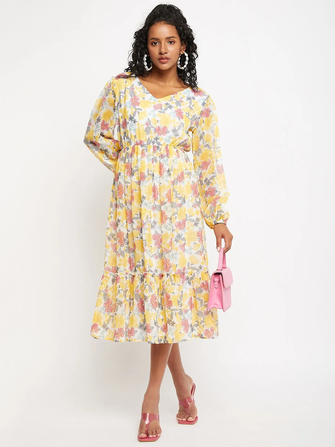 White & Yellow Floral Print Midi Dress