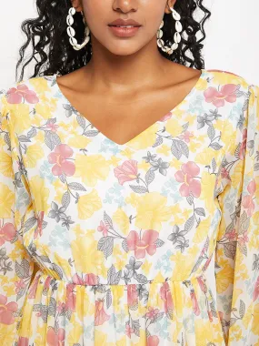 White & Yellow Floral Print Midi Dress