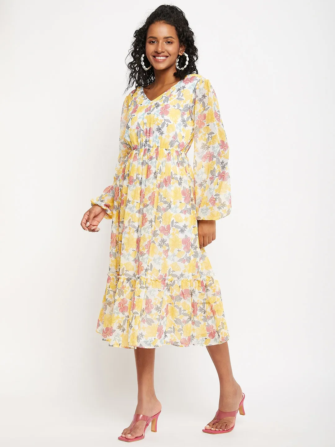 White & Yellow Floral Print Midi Dress