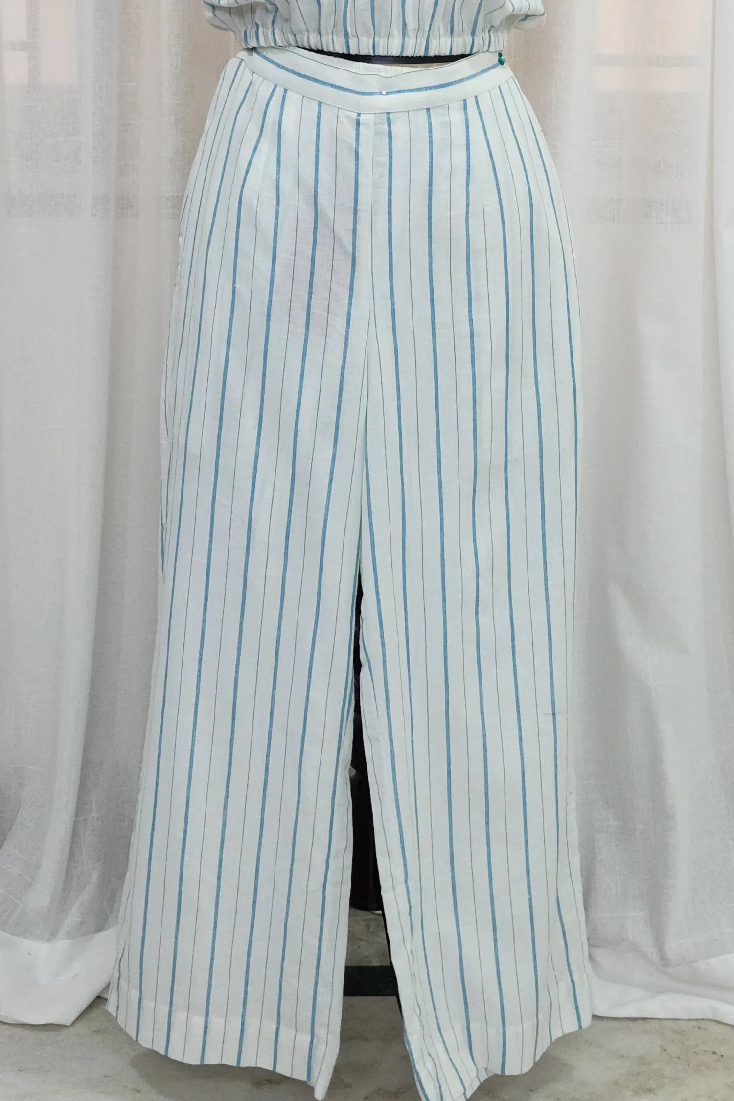 White co-ord set with blue stripes