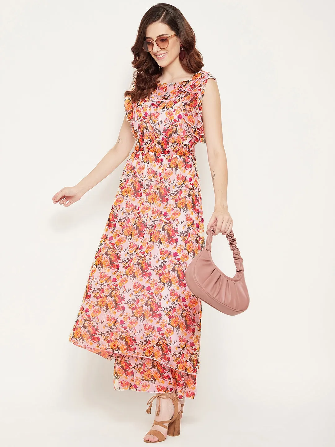 White Georgette Floral  Printed Double Layered Maxi Dress