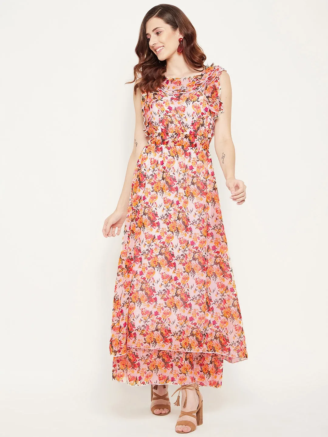 White Georgette Floral  Printed Double Layered Maxi Dress