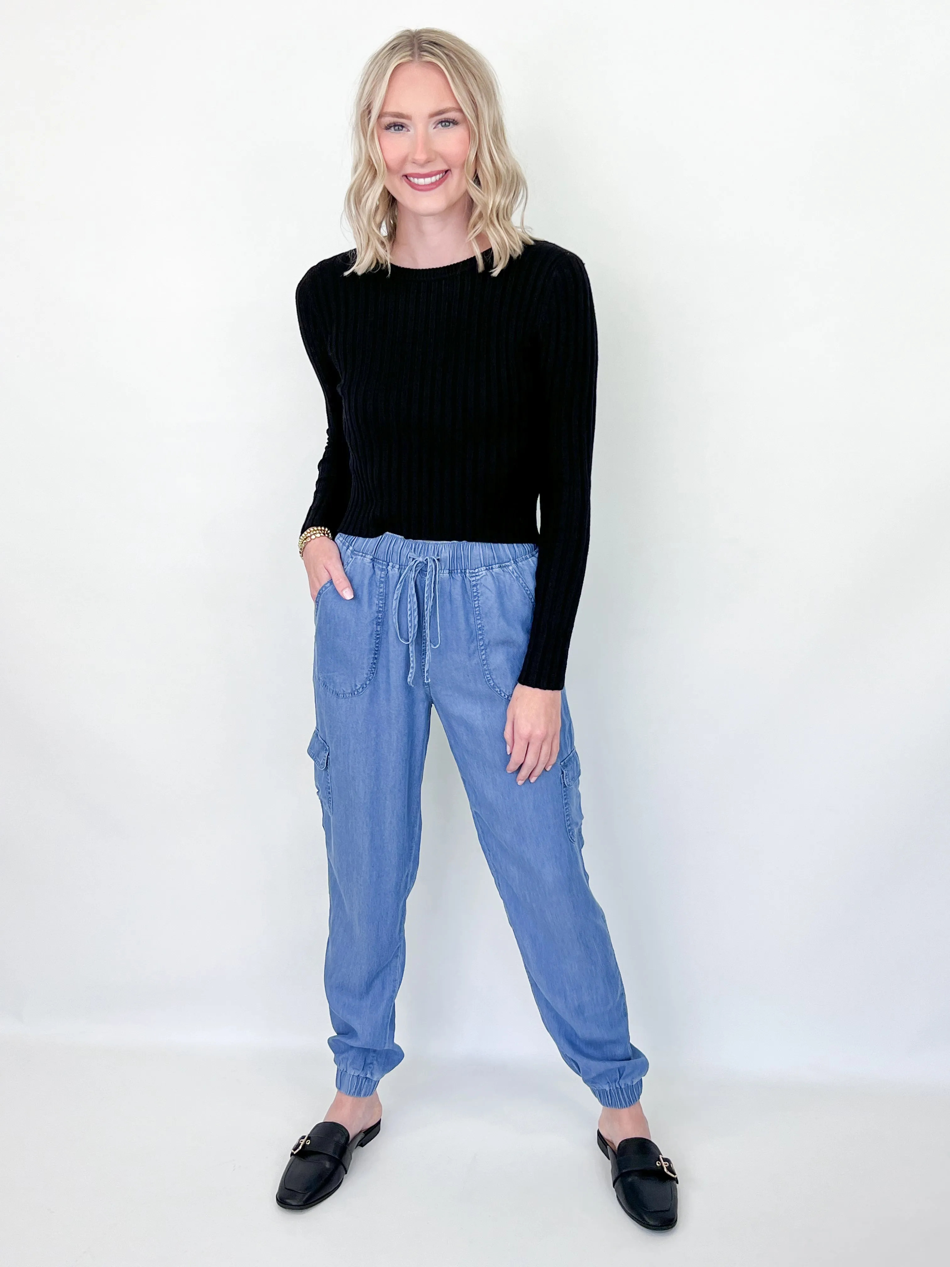 Zara - Elastic Tie Waist Denim Cargo Joggers