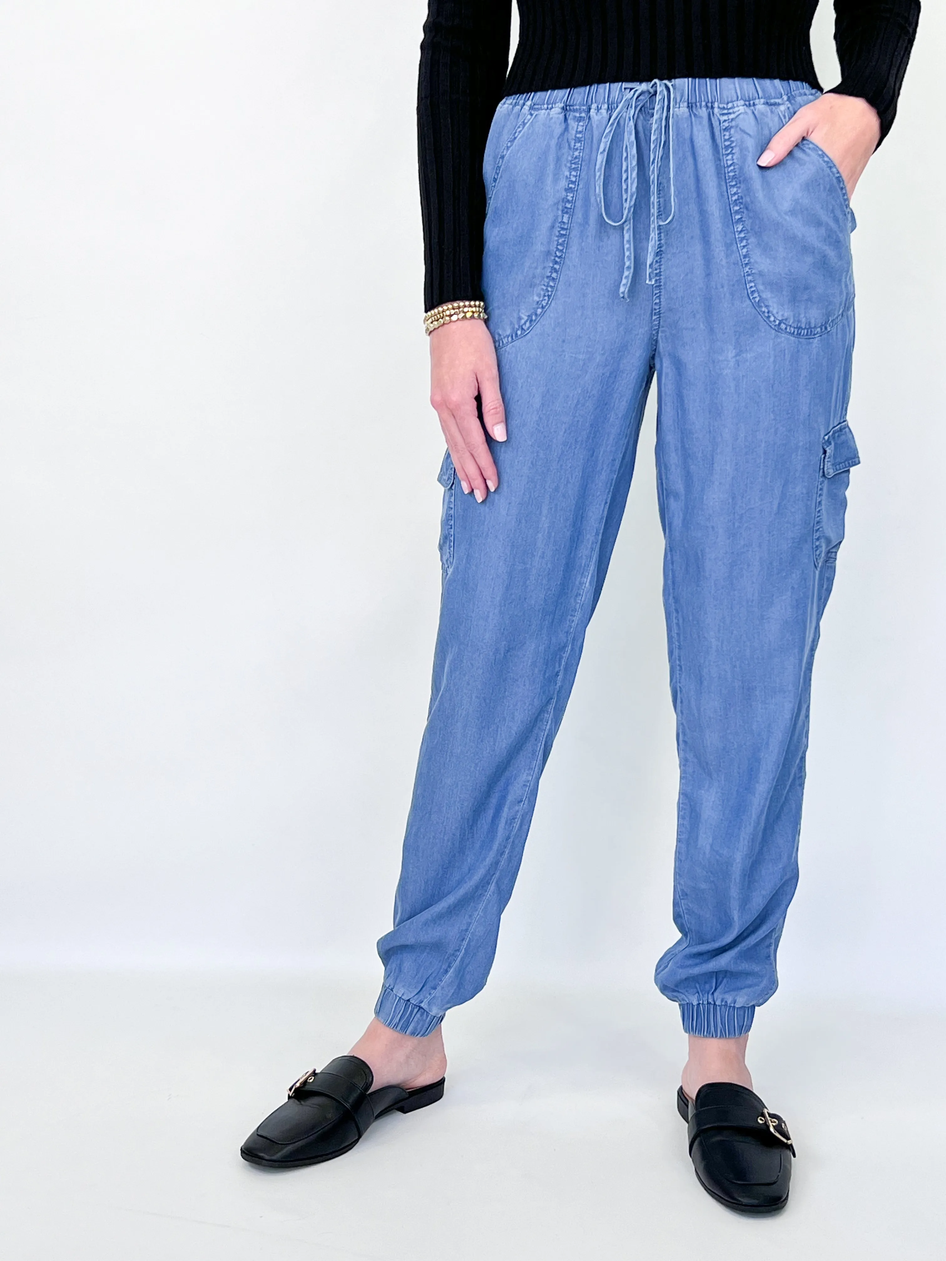 Zara - Elastic Tie Waist Denim Cargo Joggers