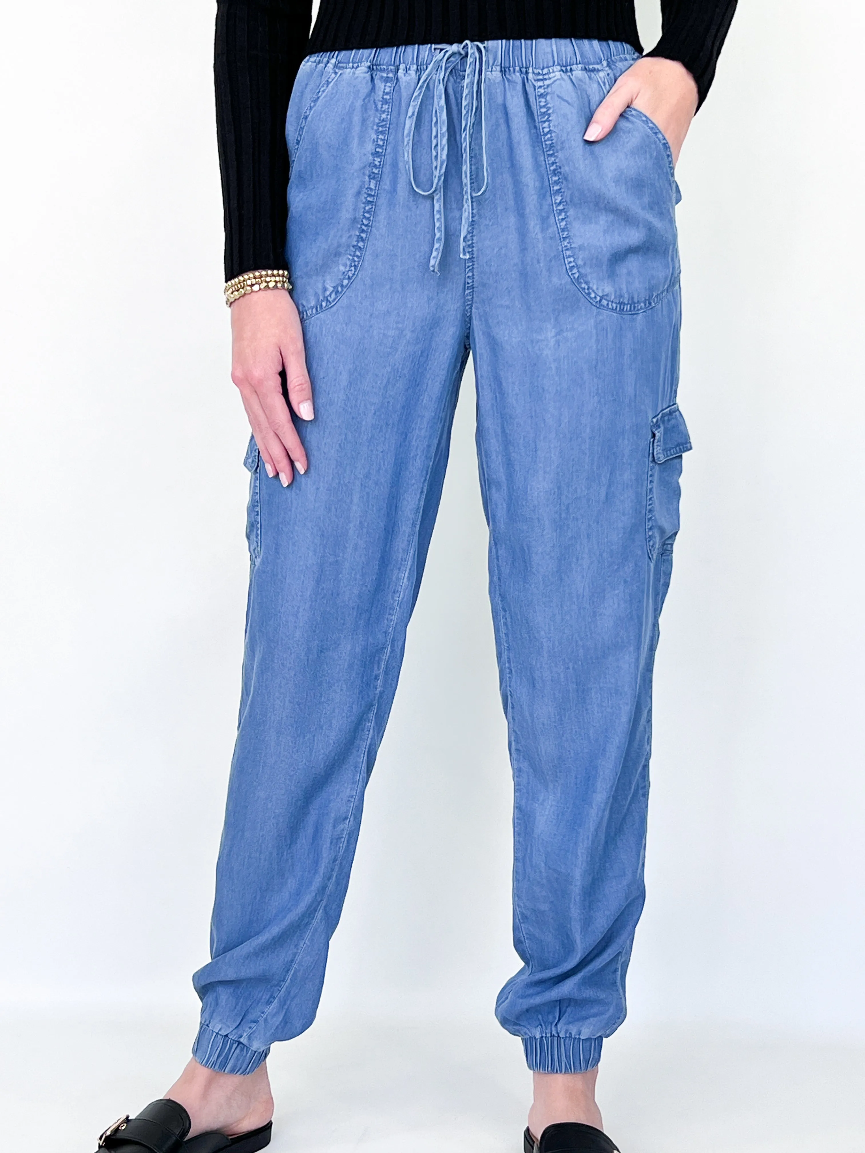 Zara - Elastic Tie Waist Denim Cargo Joggers