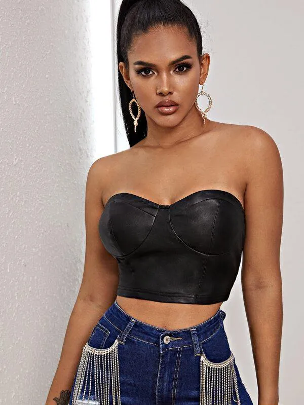 Zipper Back PU Leather Crop Bustier Tube Top
