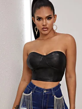 Zipper Back PU Leather Crop Bustier Tube Top